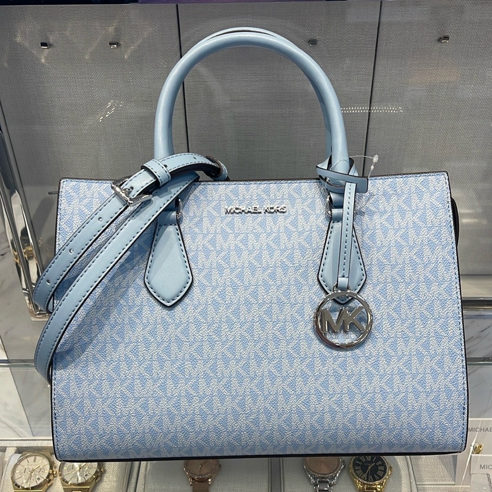 MICHAEL KORS Sheila Medium Logo CZ Satchel Crossbody Bag 
Light Sky
NWT - Picture 14 of 16